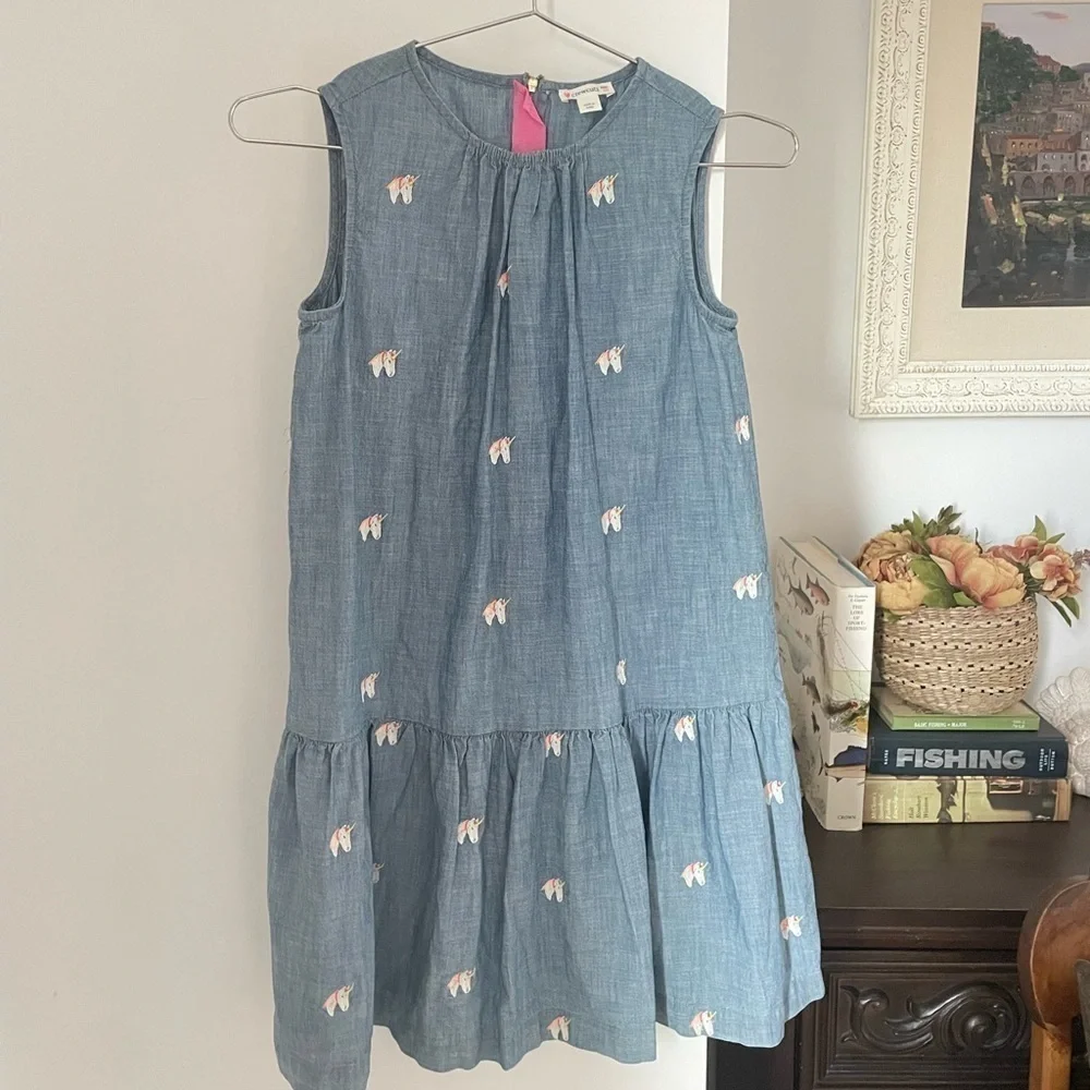 Crewcuts Unicorn Chambray Dress Ruffle Bottom NWOT size 10